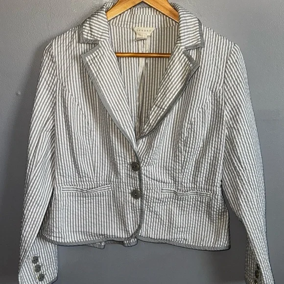Sandro Paris Women's Jacket 100% Cotton Grey And White Seersucker Size M GUC - Picture 2 of 9